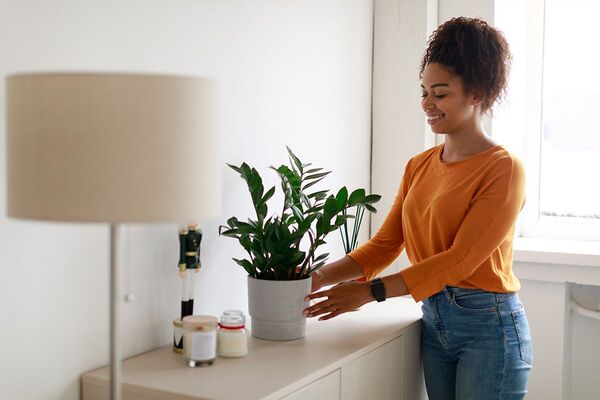 Person holding a potted plant while standing in a bright room